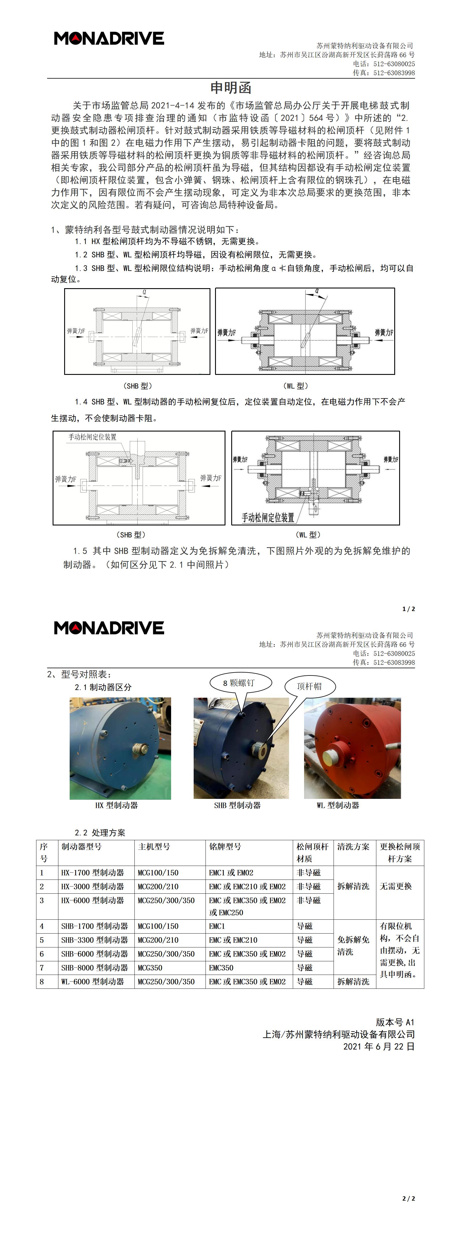 上海苏州蒙纳鼓式制动器--松闸杆无需更换申明